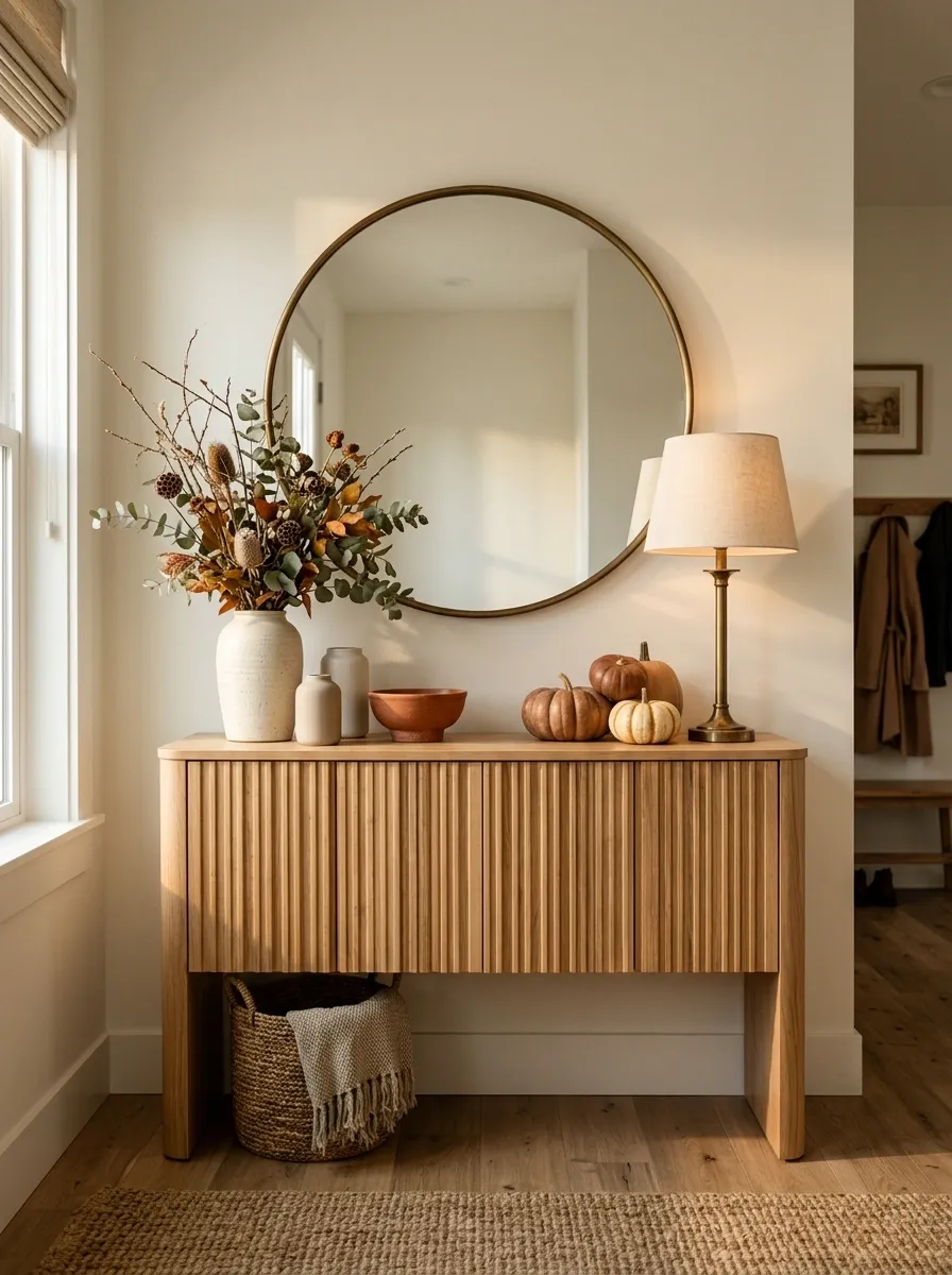 Warm Modern Entry With Fluted Console and Burnished Brass