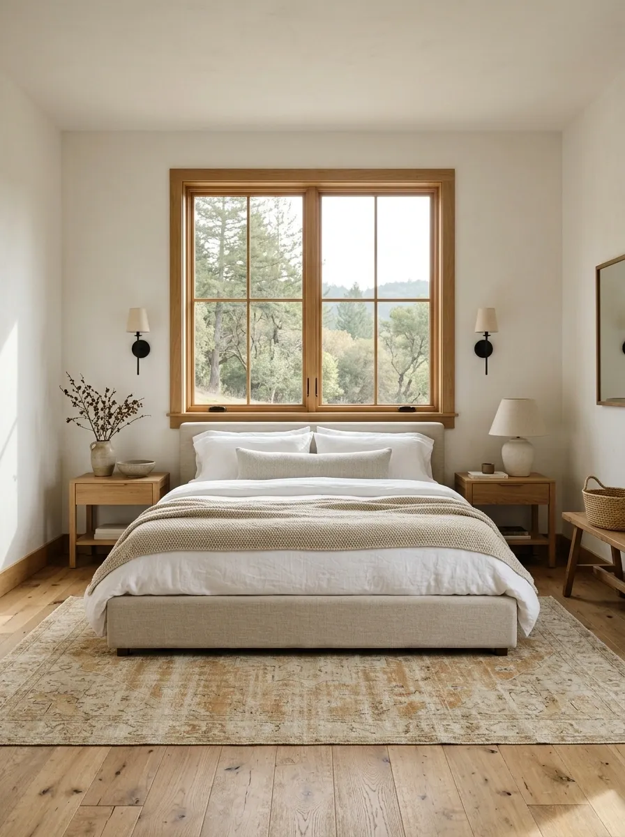 Warm Modern Farmhouse Bedroom With a Wood-Framed Window