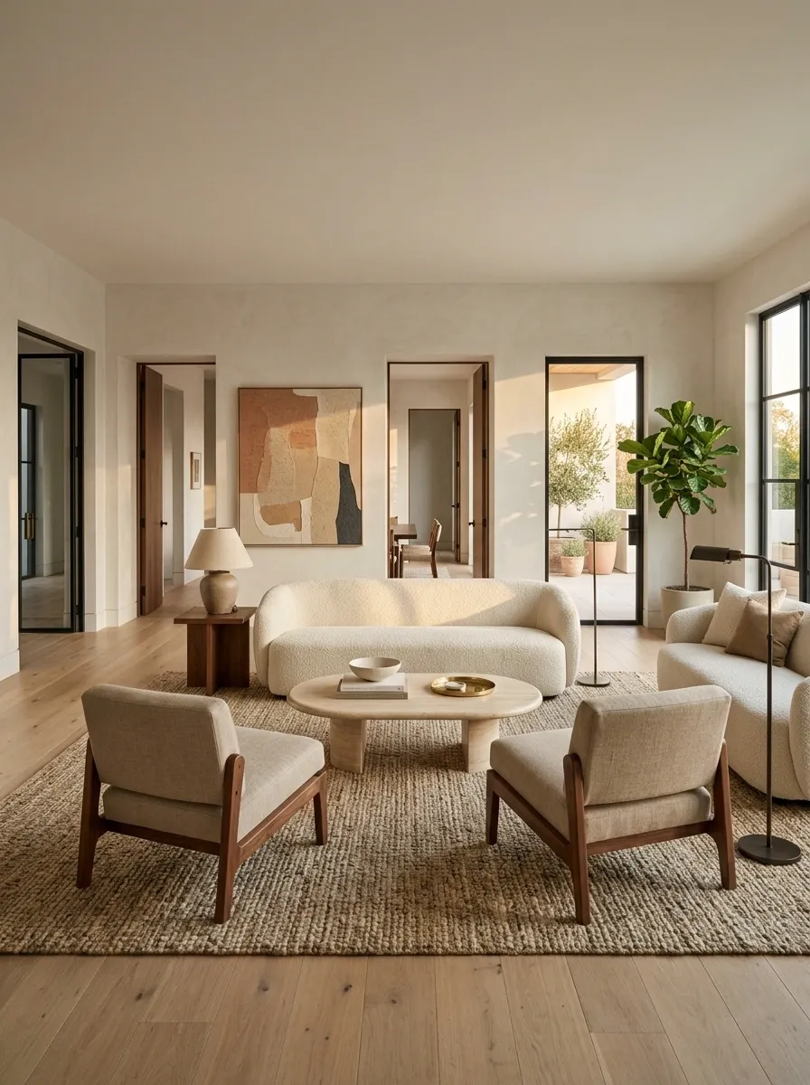Warm Modern Living Room With a Floating Sofa Island