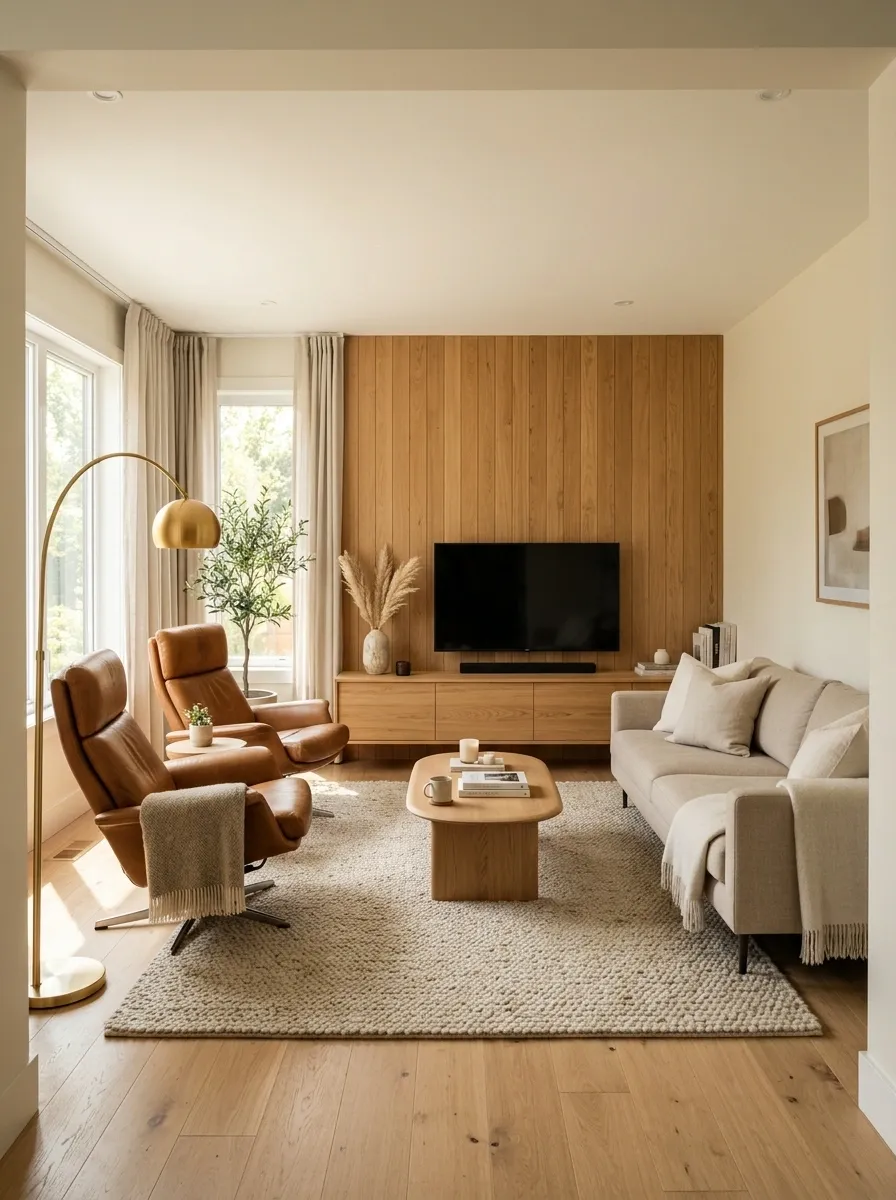 Warm Modern Living Room With Recliners Framing a Low Media Wall