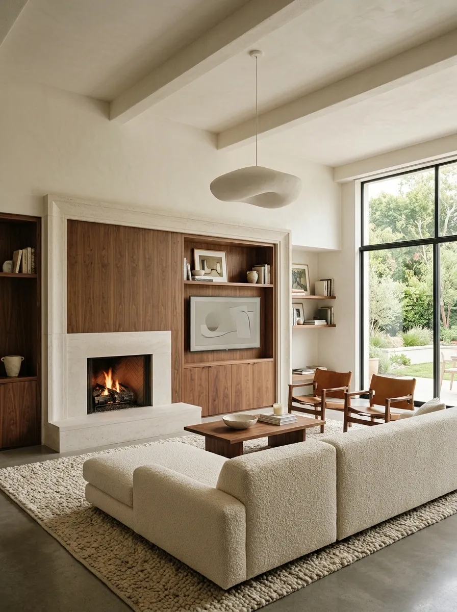 Warm Modern Living Room With Stone, Walnut, and Bouclé