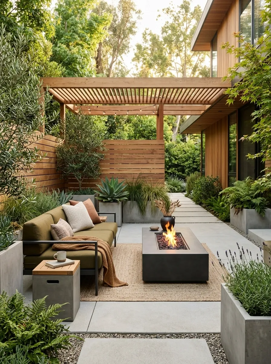 Warm Modern Patio With Concrete, Cedar, and Olive Green