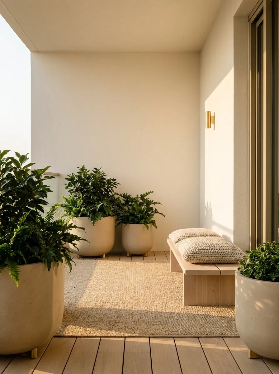 Warm Neutral Balcony With Sand-Colored Concrete Planters