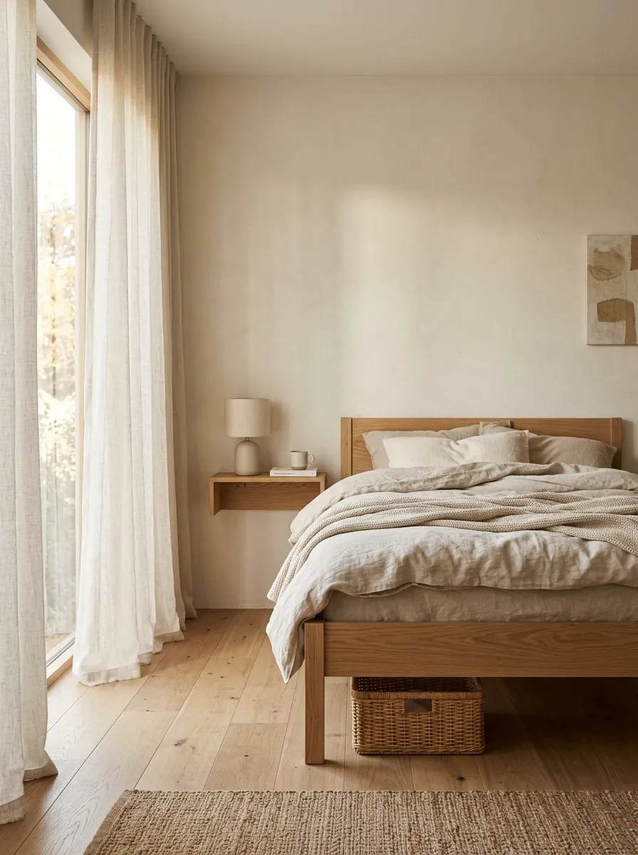 Warm Neutral Bedroom With a Low Oak Bed