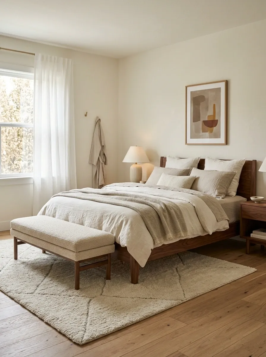 Warm Neutral Bedroom With Walnut Furniture and Soft Linen