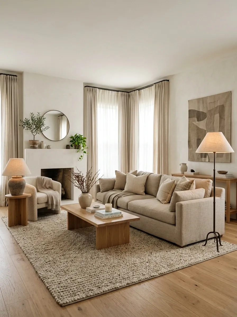 Warm Neutral Living Room With a Deep Sofa and Soft Layered Lighting
