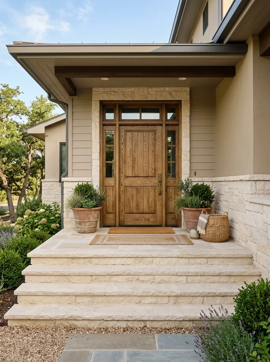 Warm Neutral Steps With a Textured Front Door