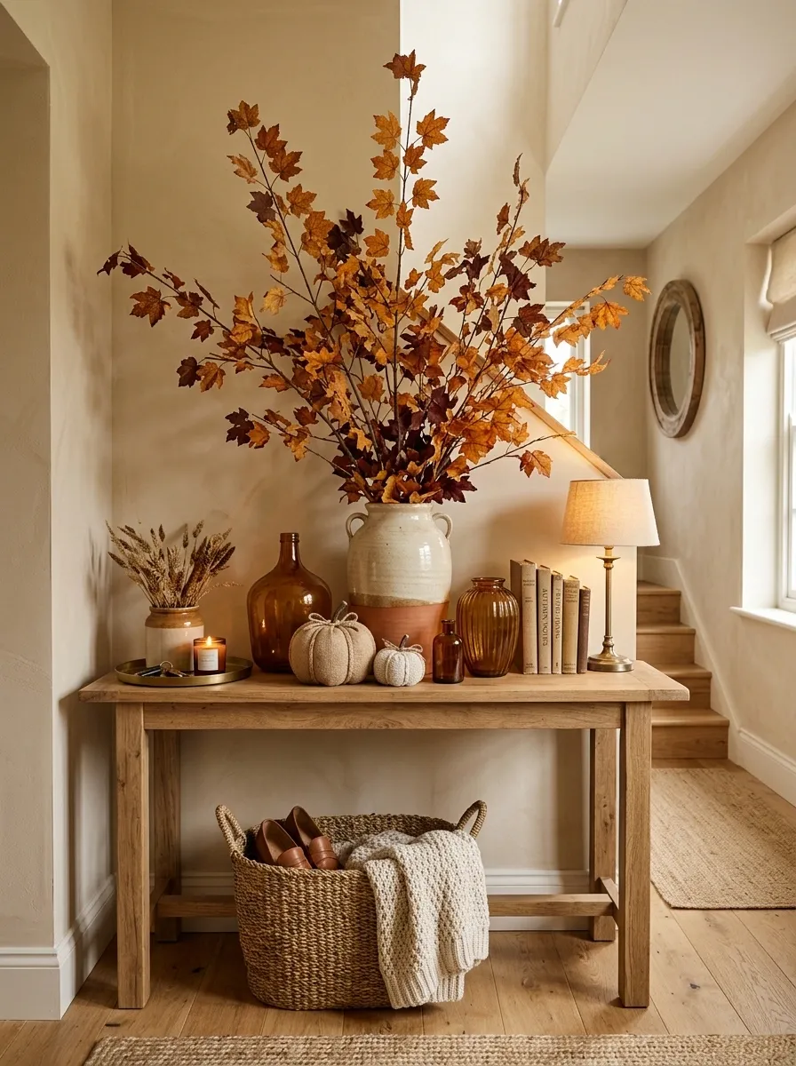 Warm Oak Entry With Dried Leaves and Burlap