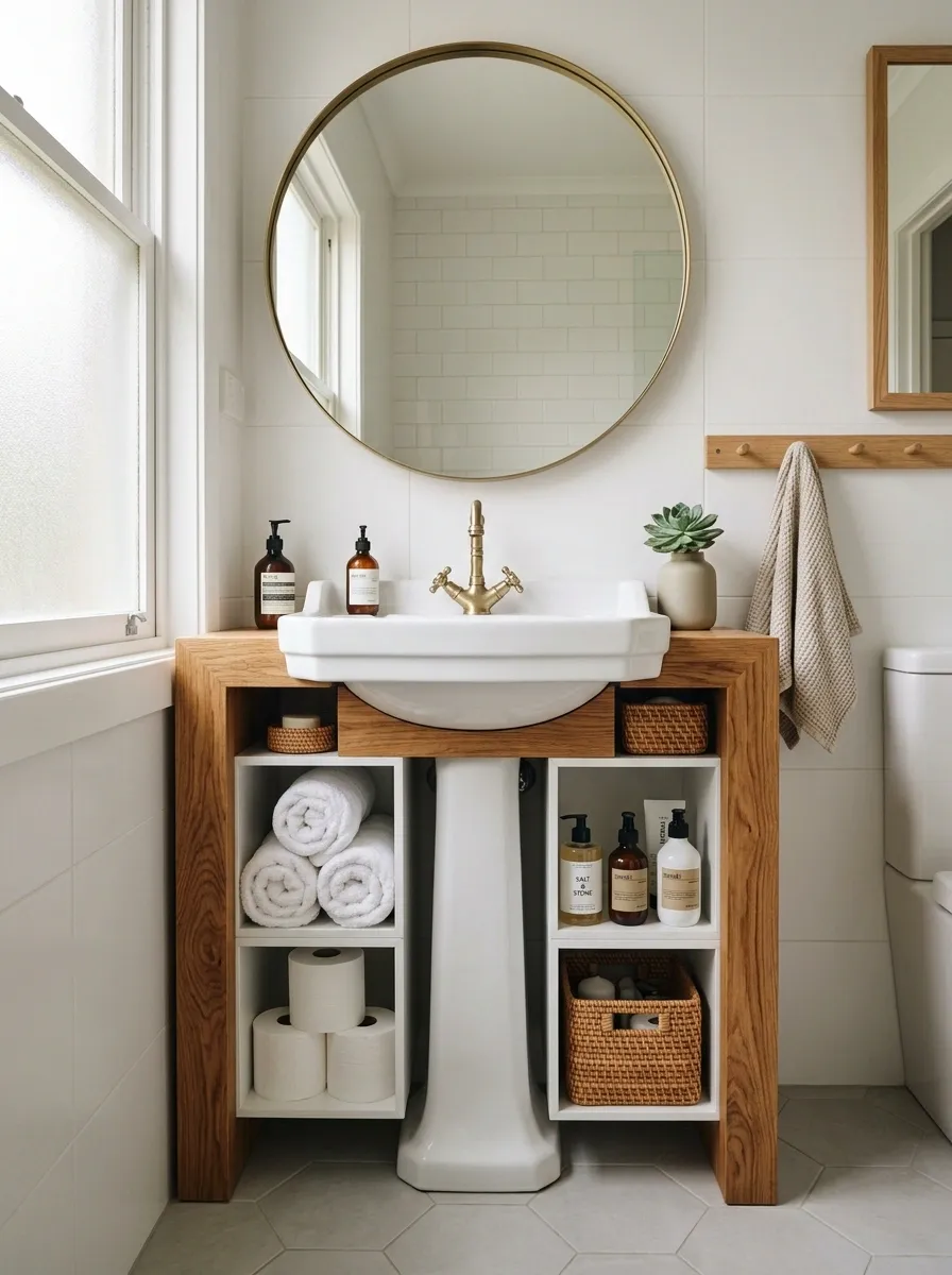 Warm Oak Frame With White Cubby Shelves