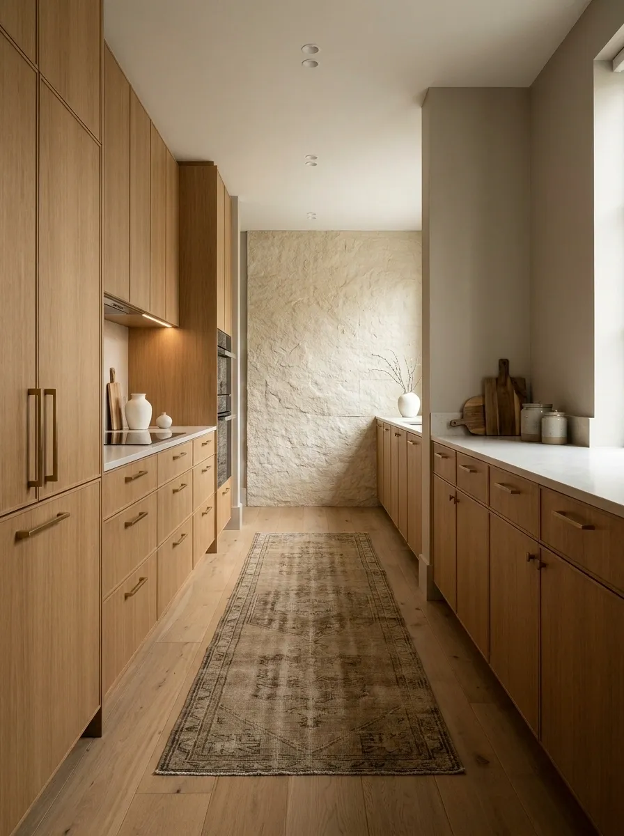 Warm Oak Galley Kitchen With a Stone Focal Wall