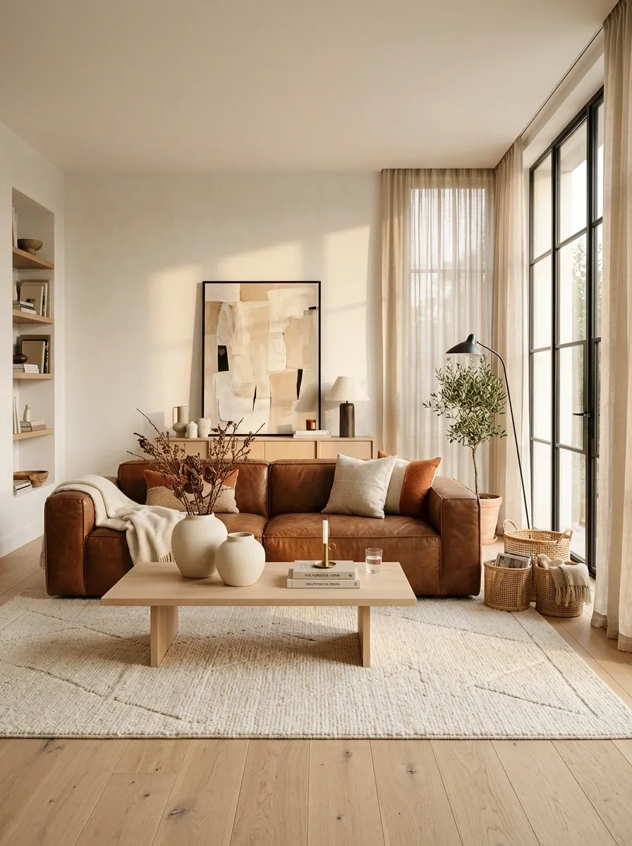 Warm Oak Living Room With a Cognac Brown Sofa