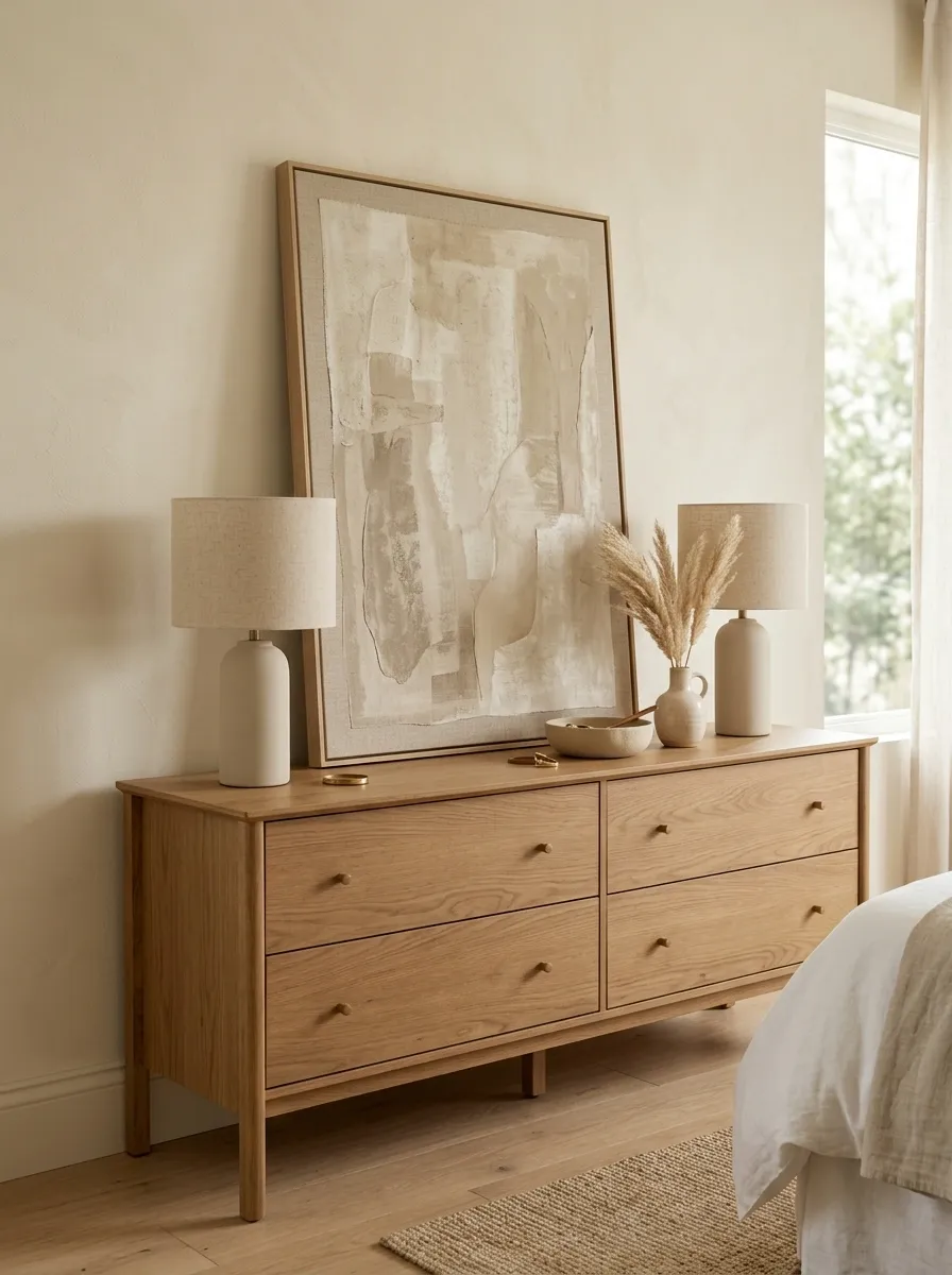 Warm Oak-Look Dresser With Tonal Walls and Linen Styling