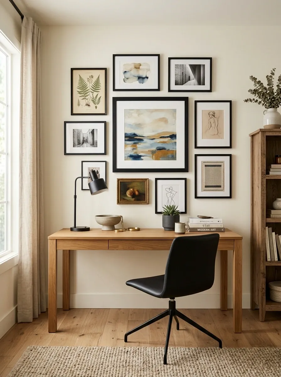 Warm Oak Office With a Full Picture-Led Gallery Wall