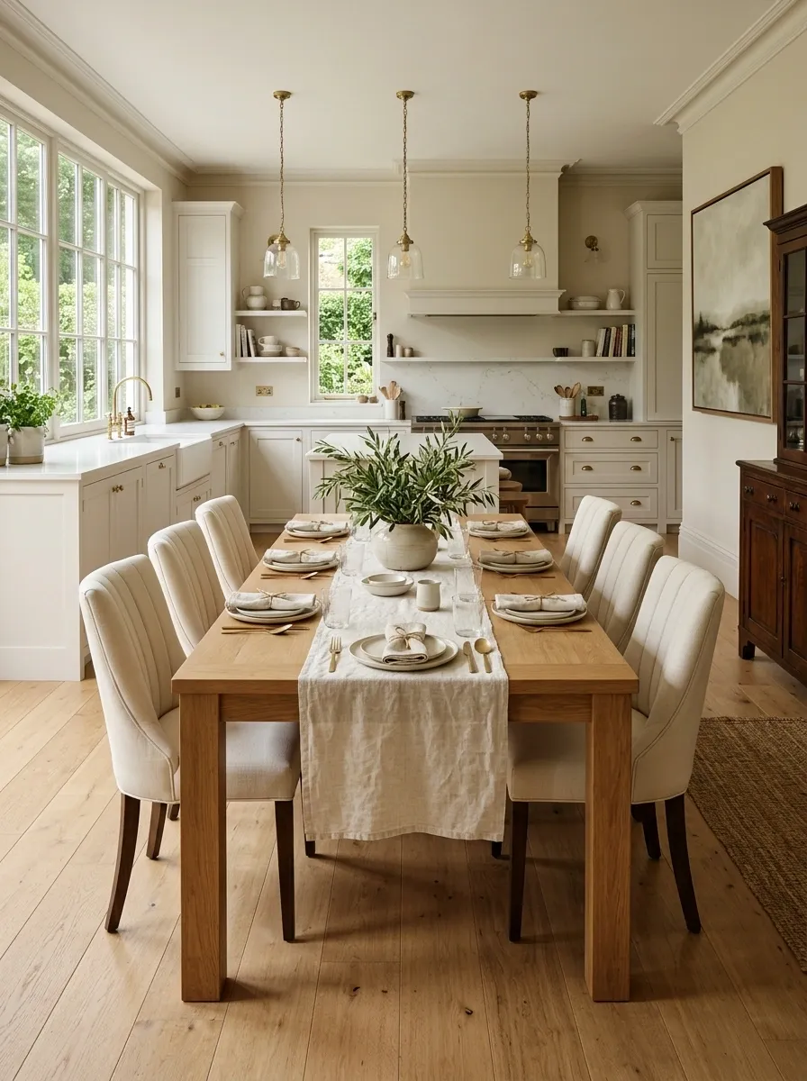 Warm Oak Table With Cream Linen and Olive Green