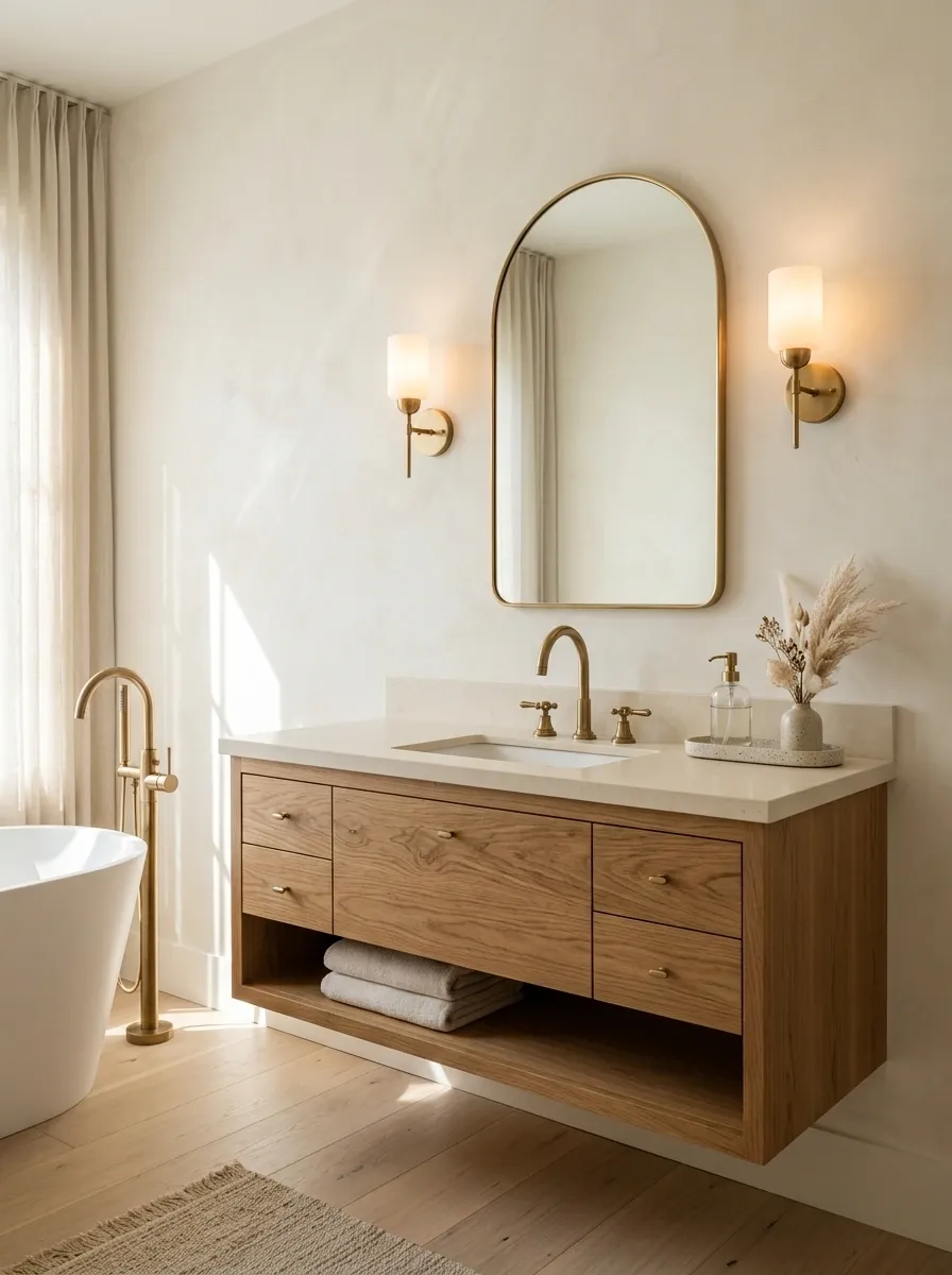 Warm Oak Vanity With Cream Stone and Antique Brass