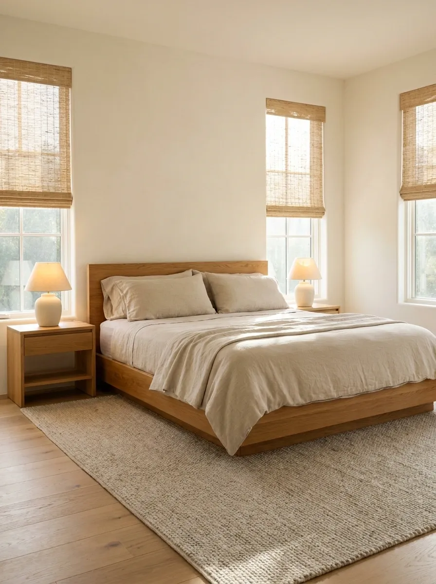 Warm Oak White Bedroom With Soft Linen Bedding