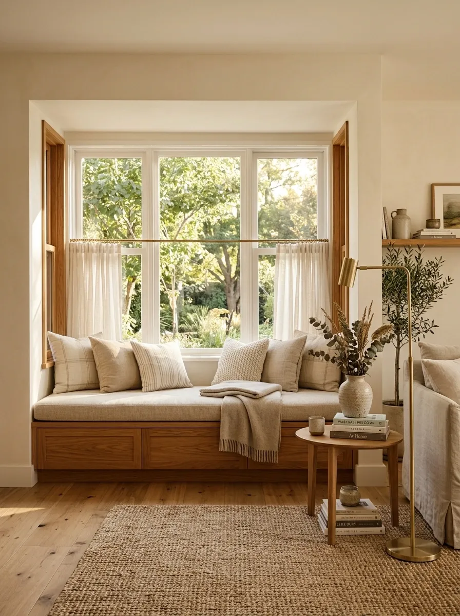 Warm Oak Window Bench With Soft Linen Layers