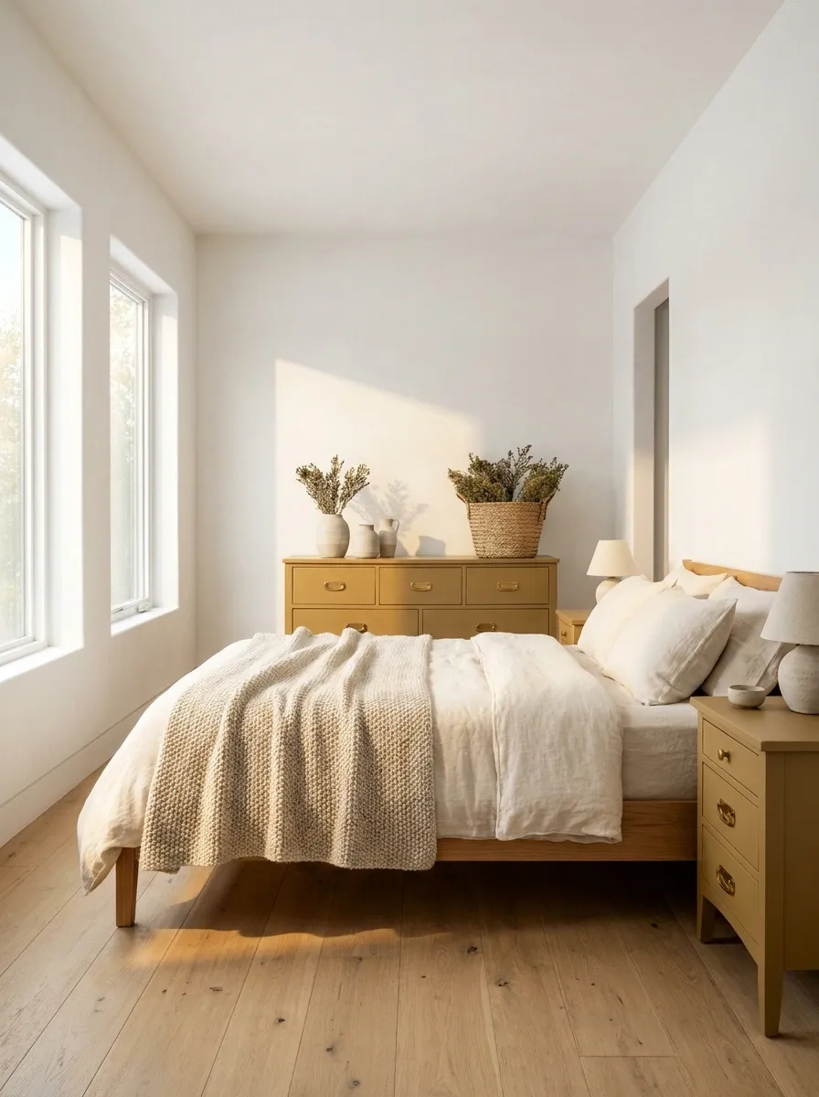 Warm Ochre Furniture In A Sunlit Bedroom