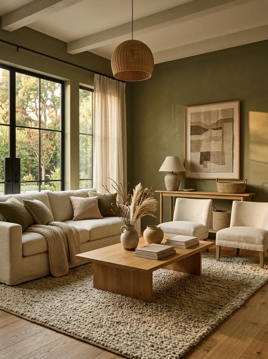 Warm Olive Living Room With Cream Seating and Natural Wood