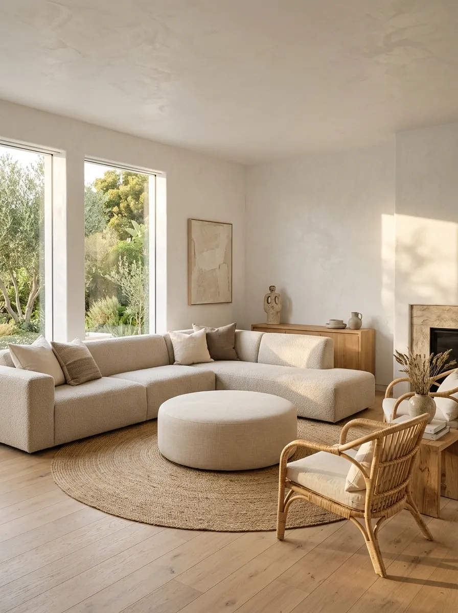 Warm Organic Layout With Oatmeal Sectional and Oversized Round Ottoman