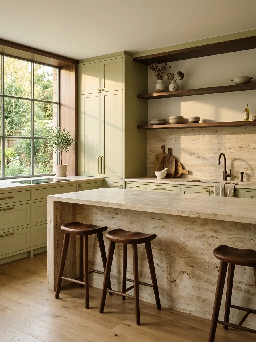 Warm Pistachio Kitchen With Creamy Travertine and Dark Wood