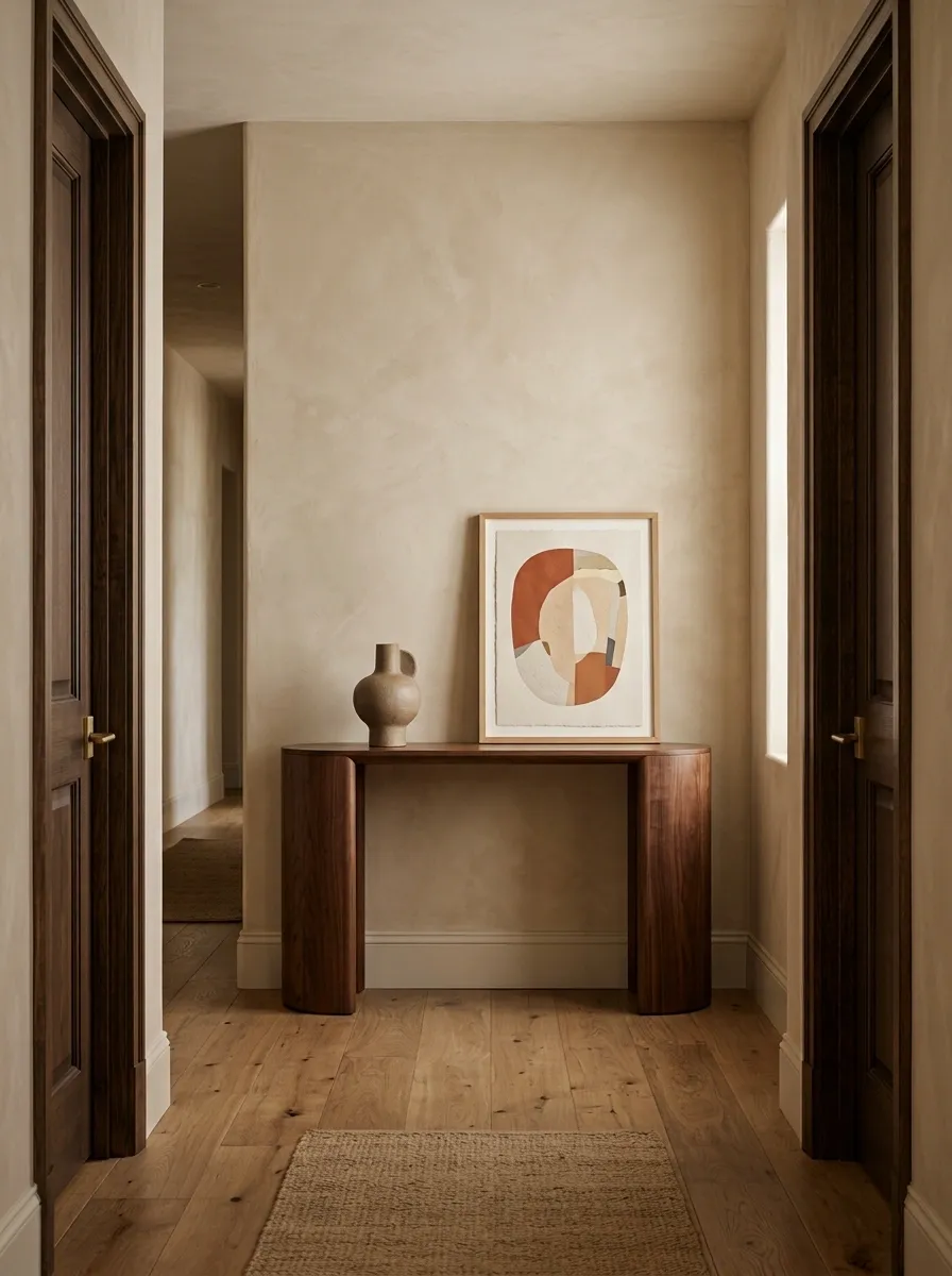 Warm Plaster Finish With a Curved Console