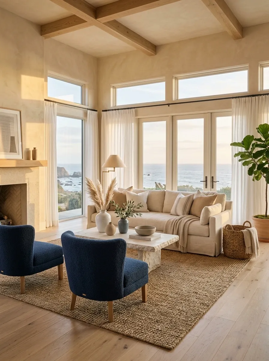 Warm Sand Living Room With Coastal Stone and Deep Blue