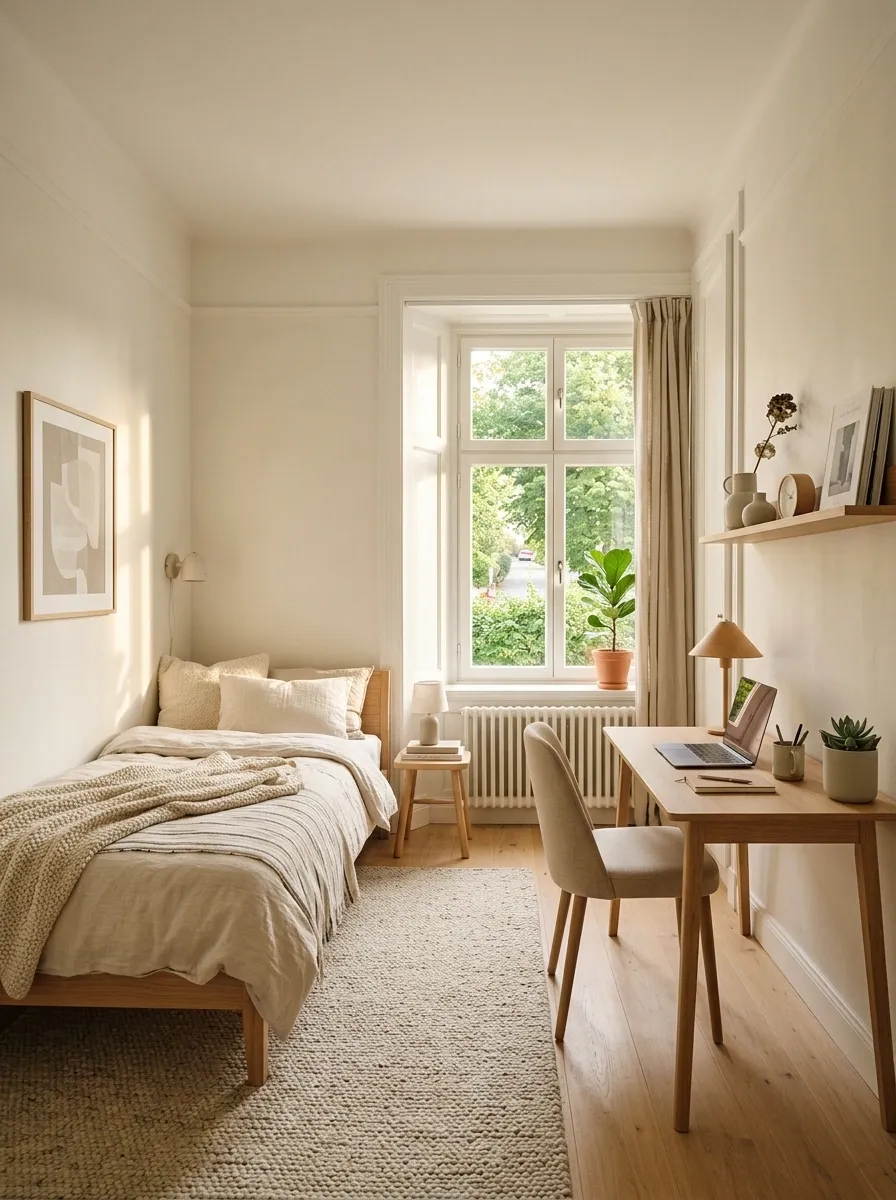 Warm Scandinavian Guest Room With a Slim Oak Workstation