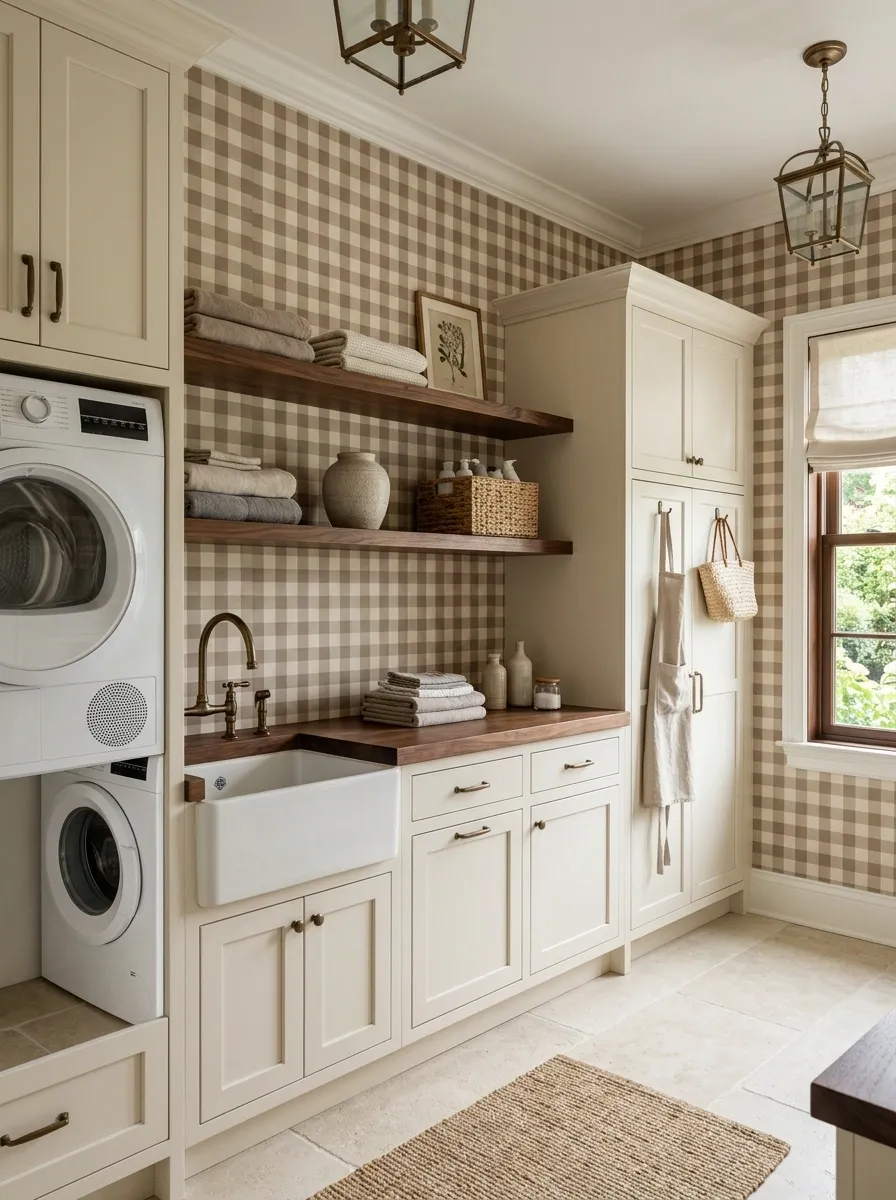 Warm Taupe Check Wallpaper With Cream Cabinets and Walnut