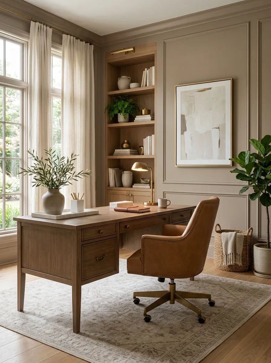 Warm Taupe Office With Caramel Leather