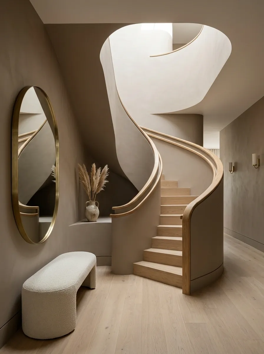 Warm Taupe Staircase With Curved Railing and Soft Lighting