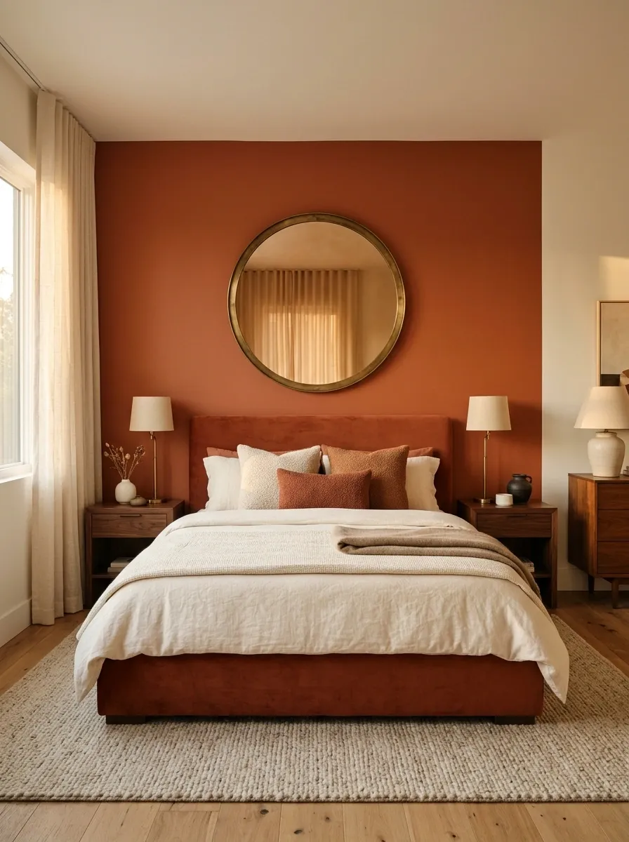 Warm Terracotta Bedroom With an Oversized Round Mirror
