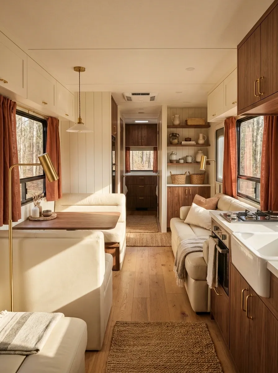Warm Terracotta Curtains With Cream RV Seating
