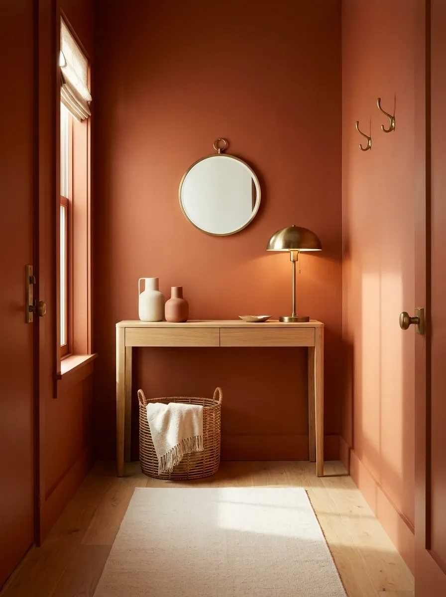 Warm Terracotta Entryway With Natural Wood and Cream Textiles