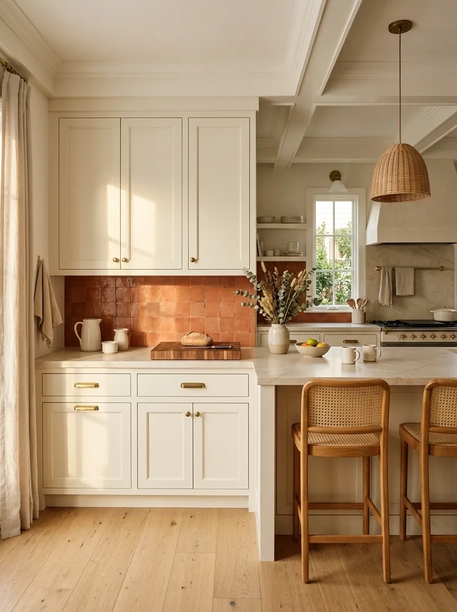 Warm Terracotta Kitchen With Cream Cabinets