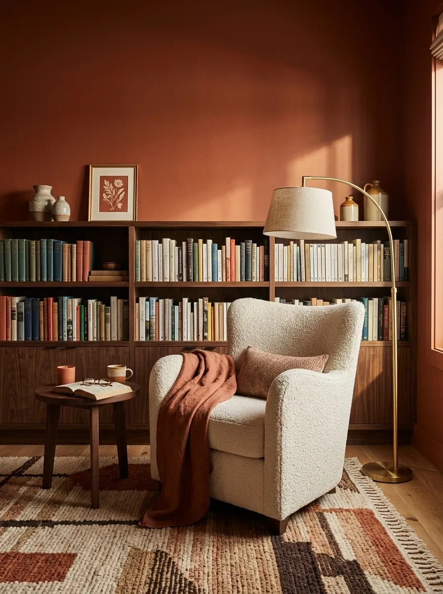 Warm Terracotta Library With Low Walnut Shelving