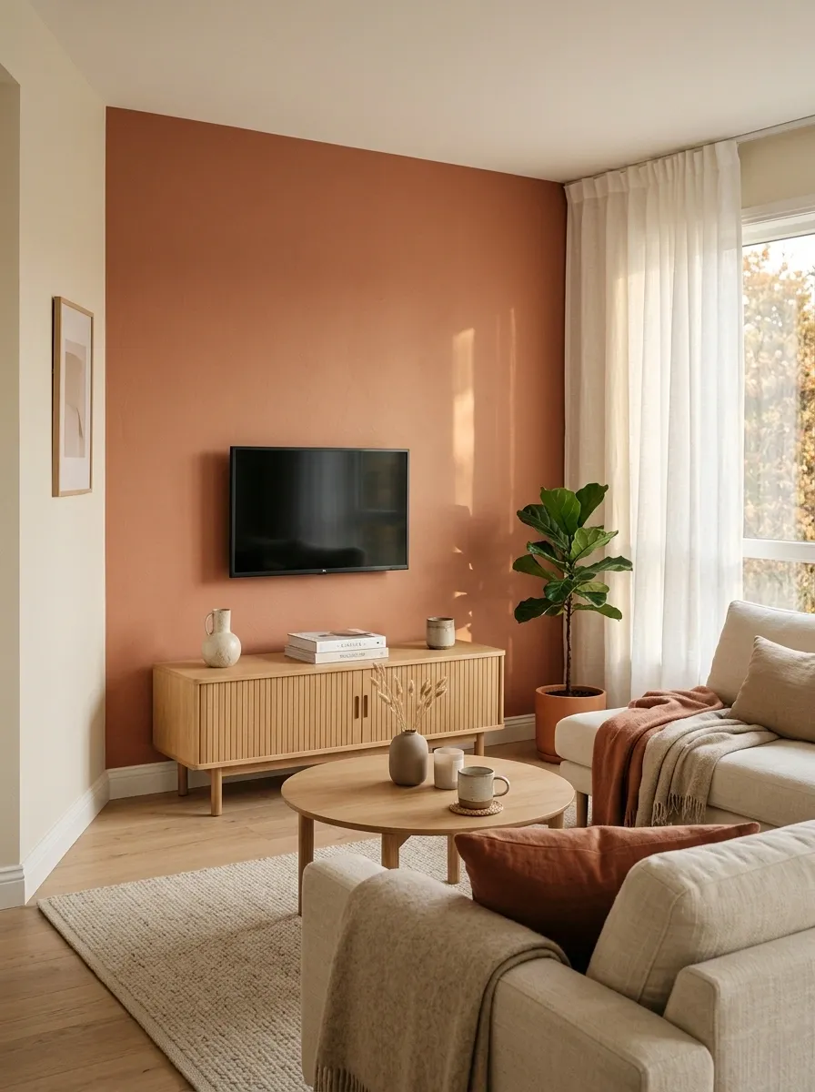 Warm Terracotta Living Room With a Compact TV Unit