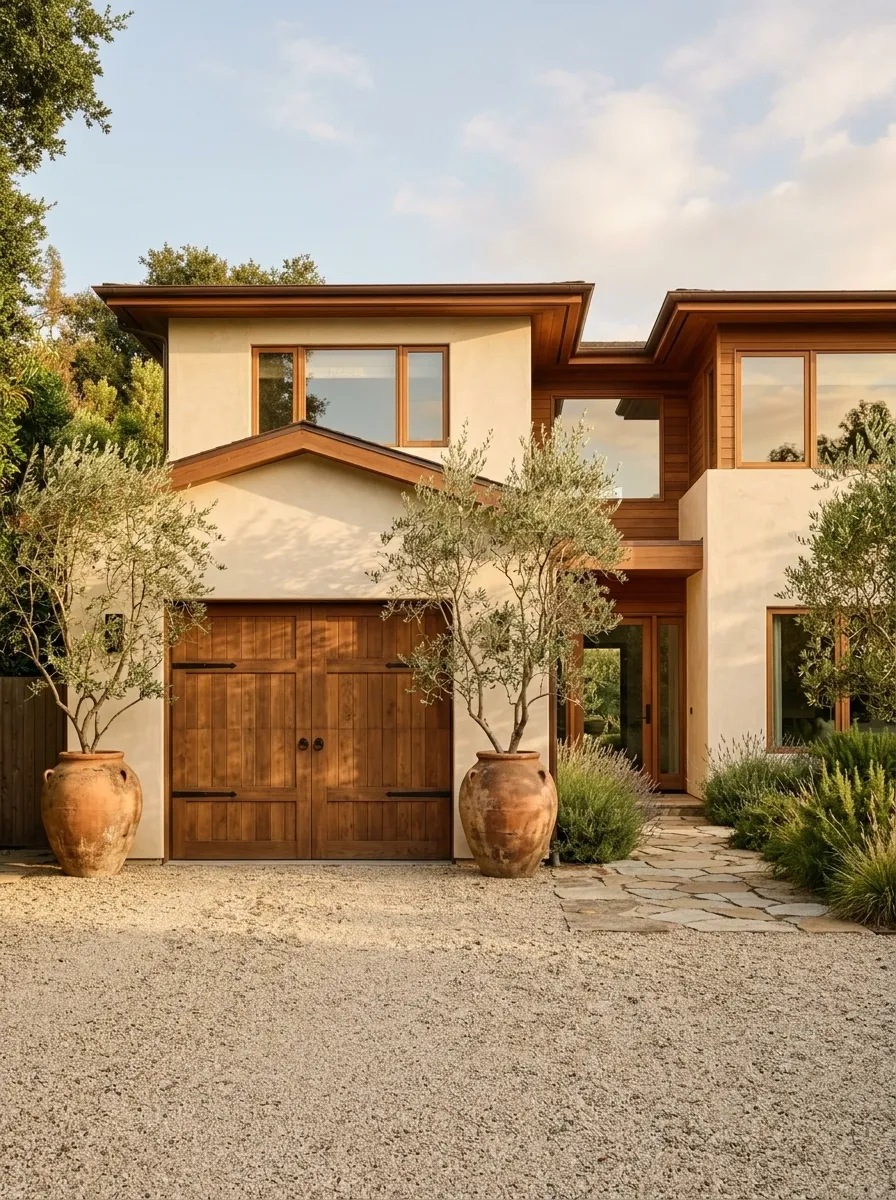Warm Terracotta Planters With an Olive-Tree Style Courtyard Entrance