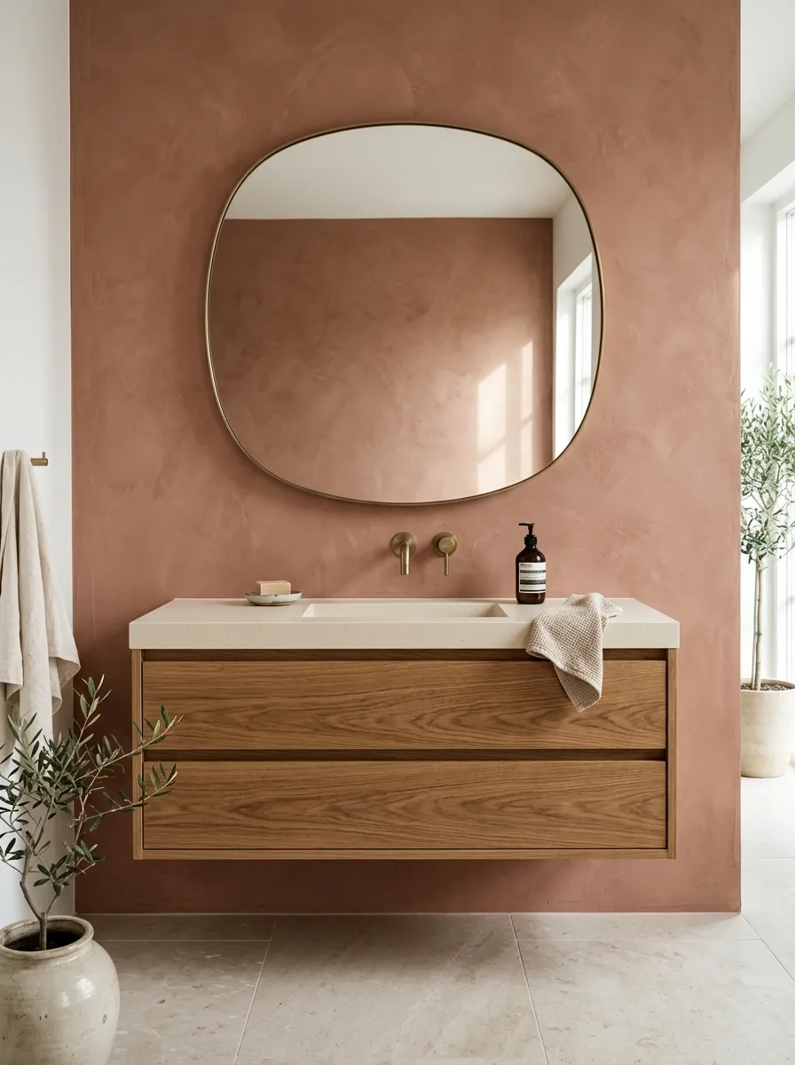 Warm Terracotta Vanity Wall With Oak Cabinetry