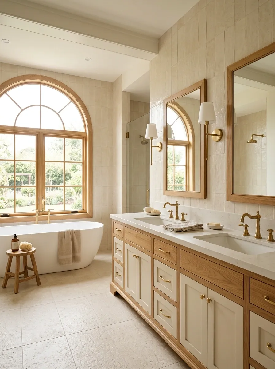 Warm Traditional Bathroom With Cream Tile and Oak Furniture