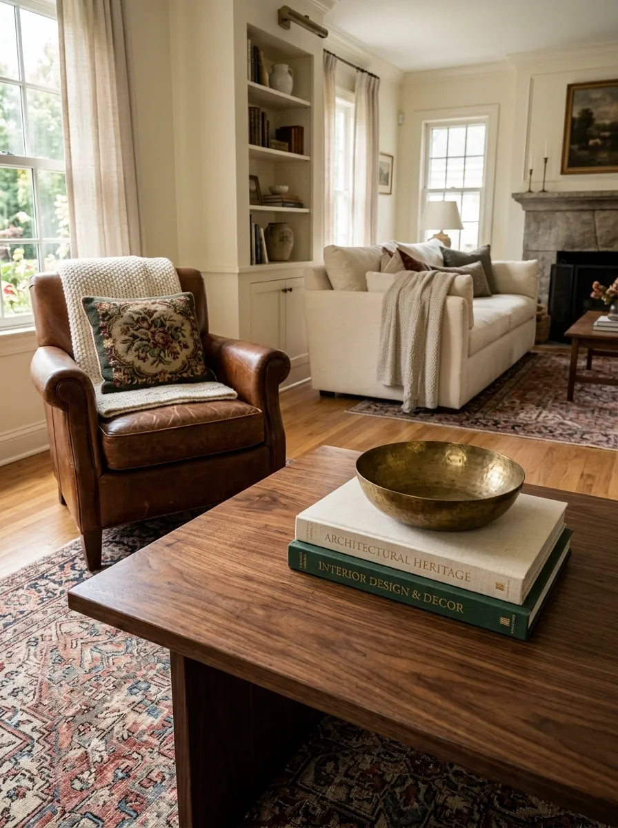 Warm Traditional Table With Needlepoint and Brass