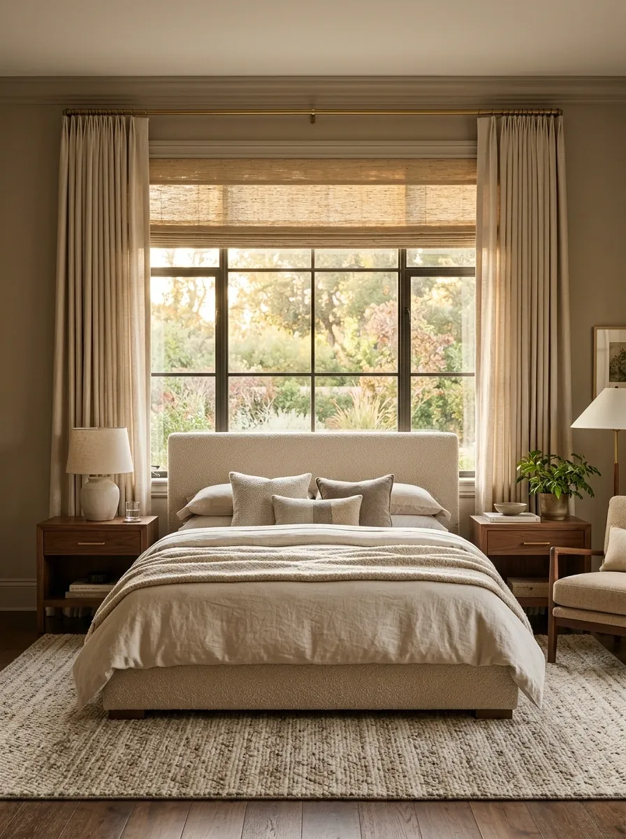 Warm Transitional Bedroom With a Window-Framed Upholstered Headboard