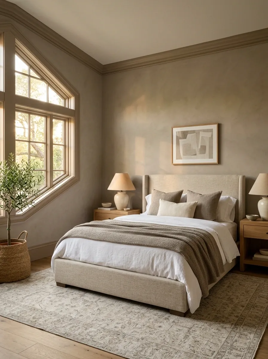 Warm Transitional Bedroom With Matching Window Trim