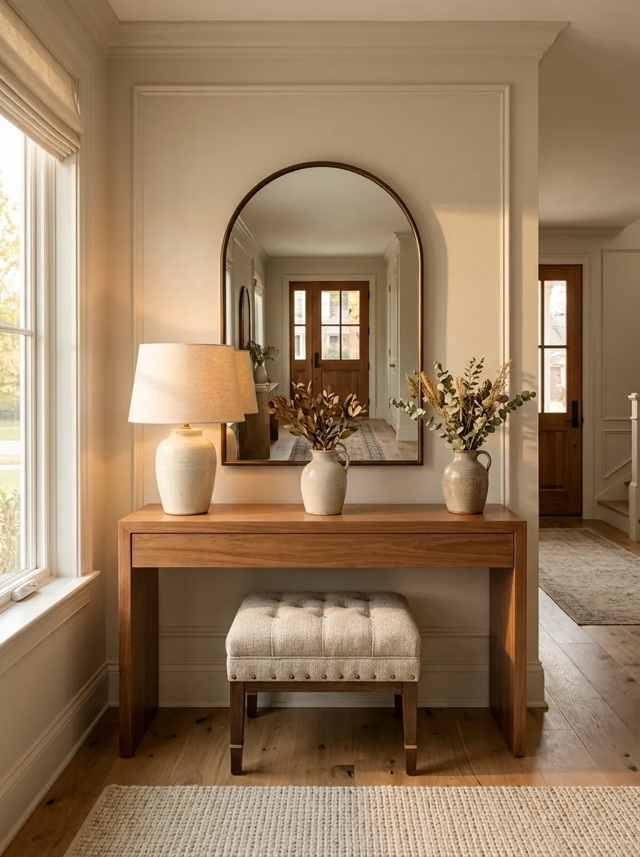 Warm Transitional Console With Mirror, Lamp, and Upholstered Stool