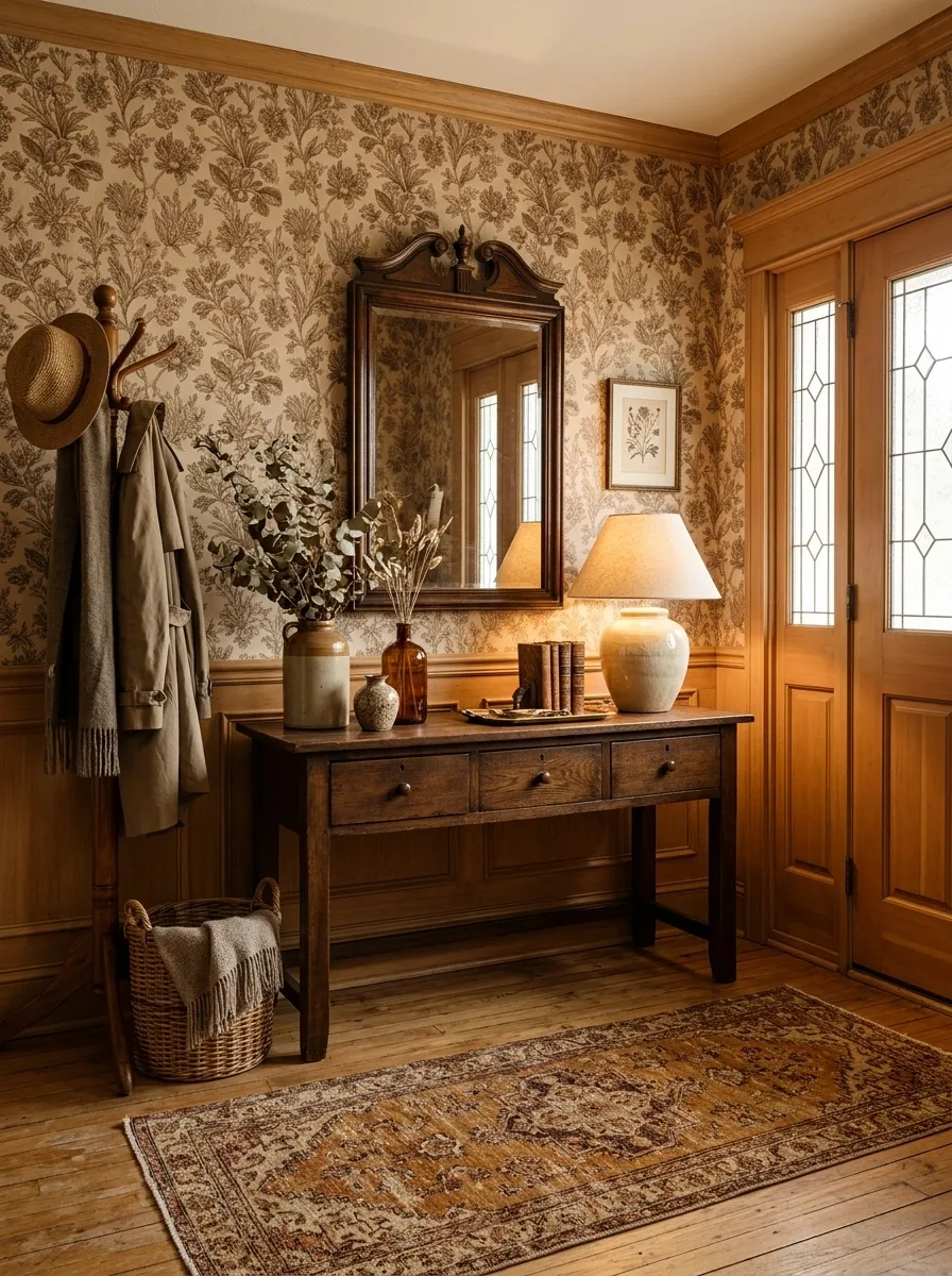 Warm Vintage Entryway With Sepia Botanical Wallpaper