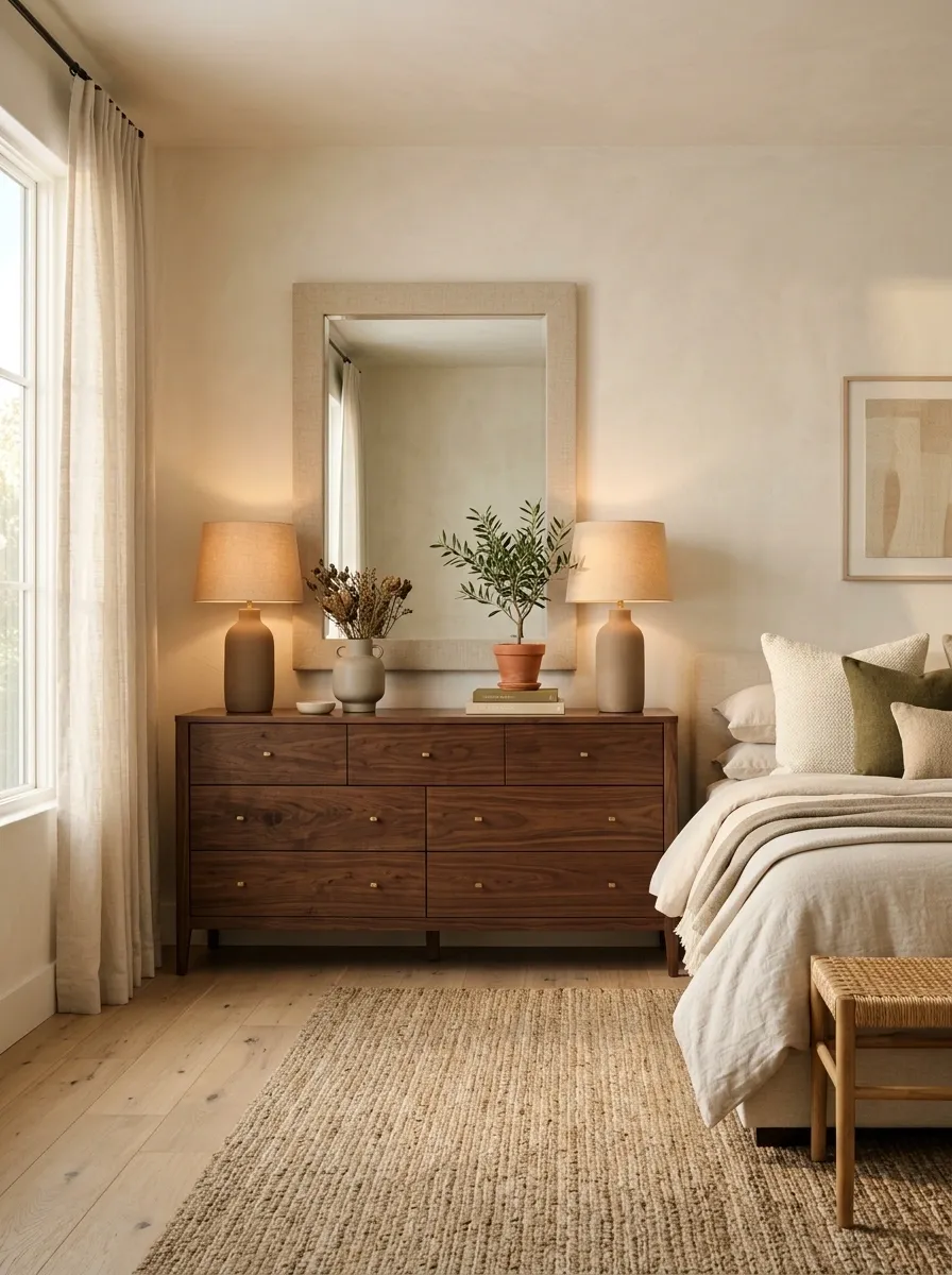 Warm Walnut Dresser With Oversized Linen Framed Mirror