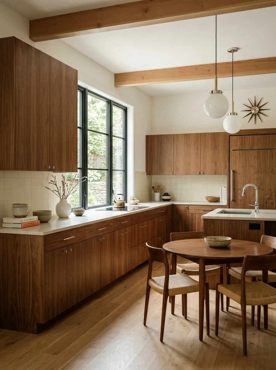 Warm Walnut Mid-Century Kitchen With Cream Tile
