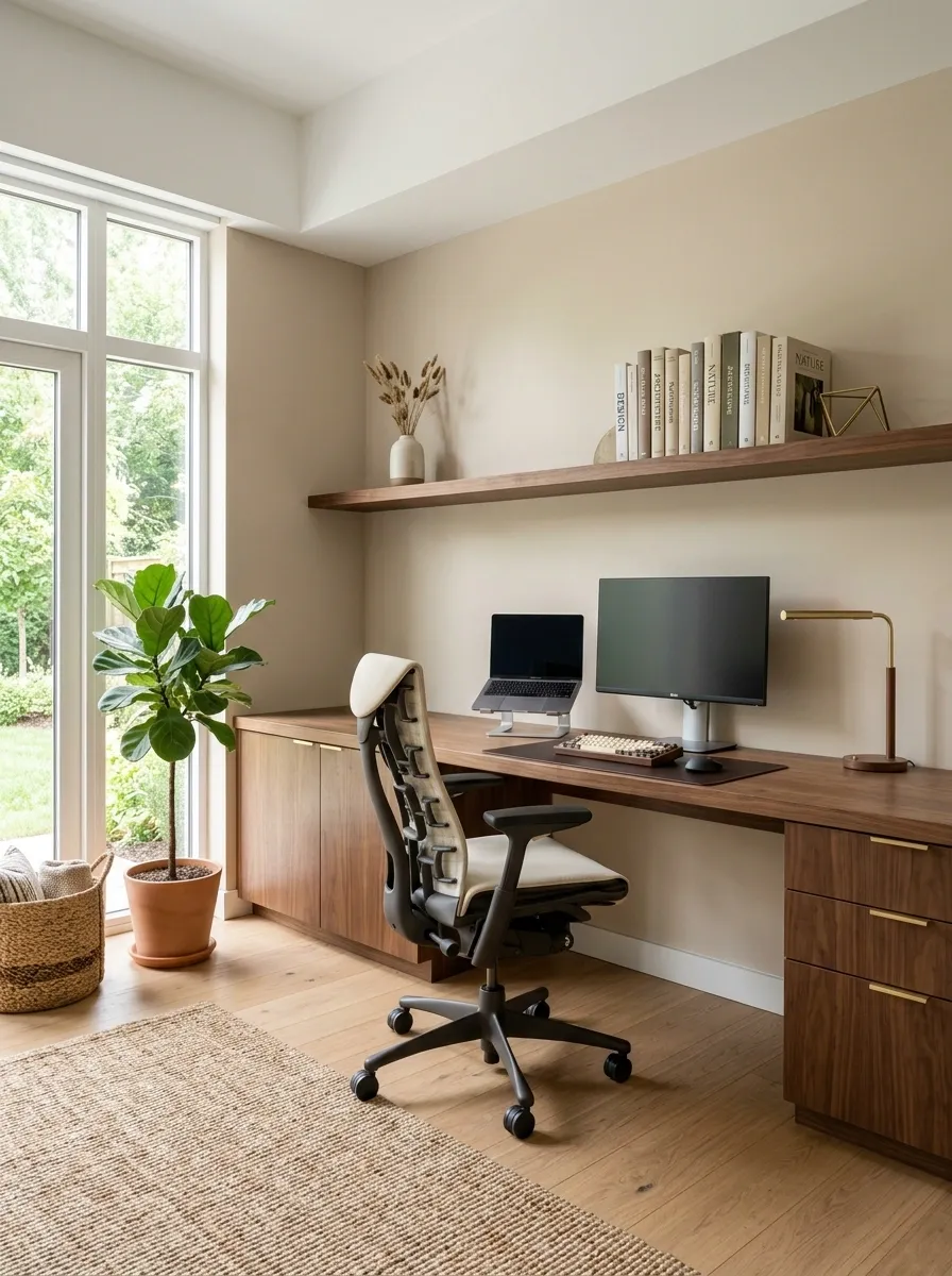 Warm Walnut Office With a Full-Length Built-In Desk