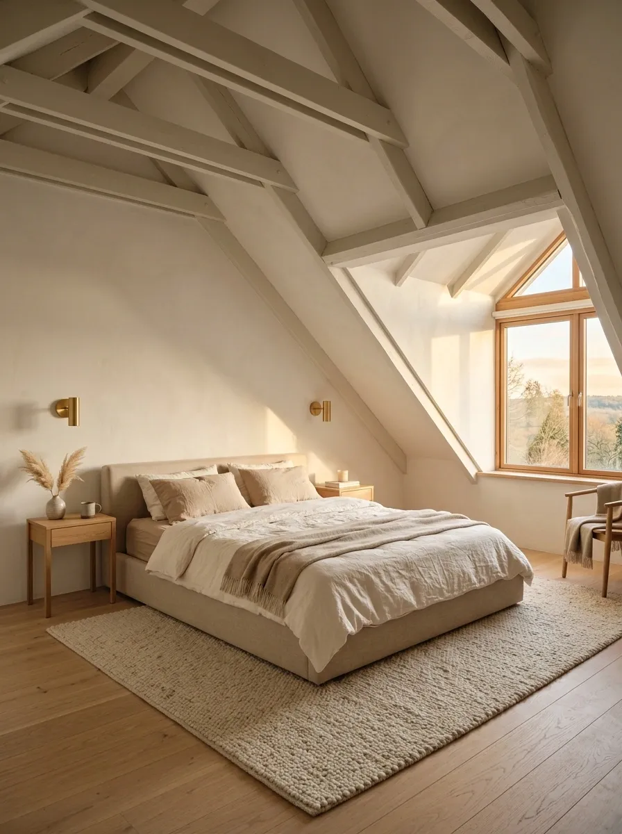 Warm White Bedroom With a Low Platform Bed Under the Eaves