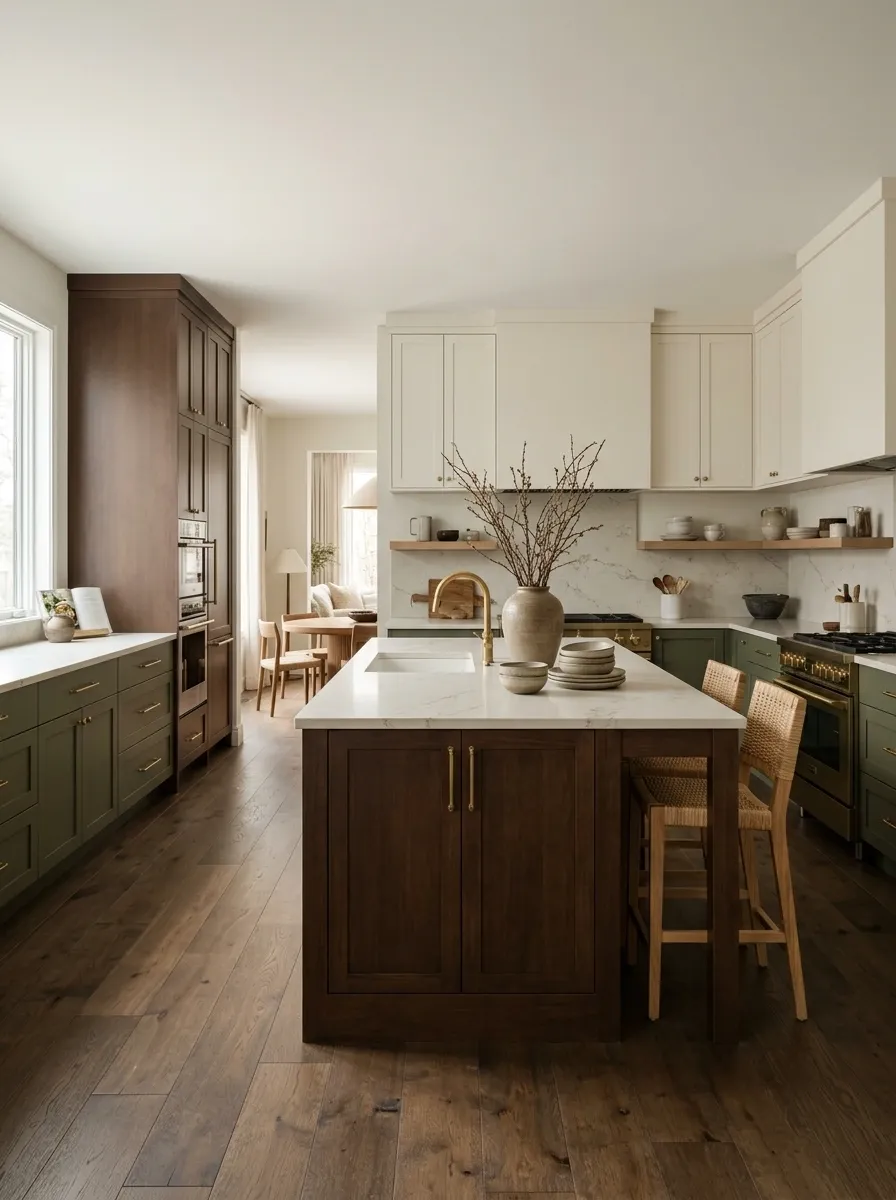 Warm White, Chocolate Brown, and Moss Green Kitchen
